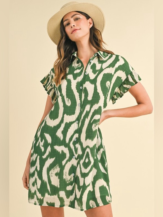 Umgee Dresses & Skirts - Annie Wear Abstract Printed Frill Sleeve Shirt Mini Dress